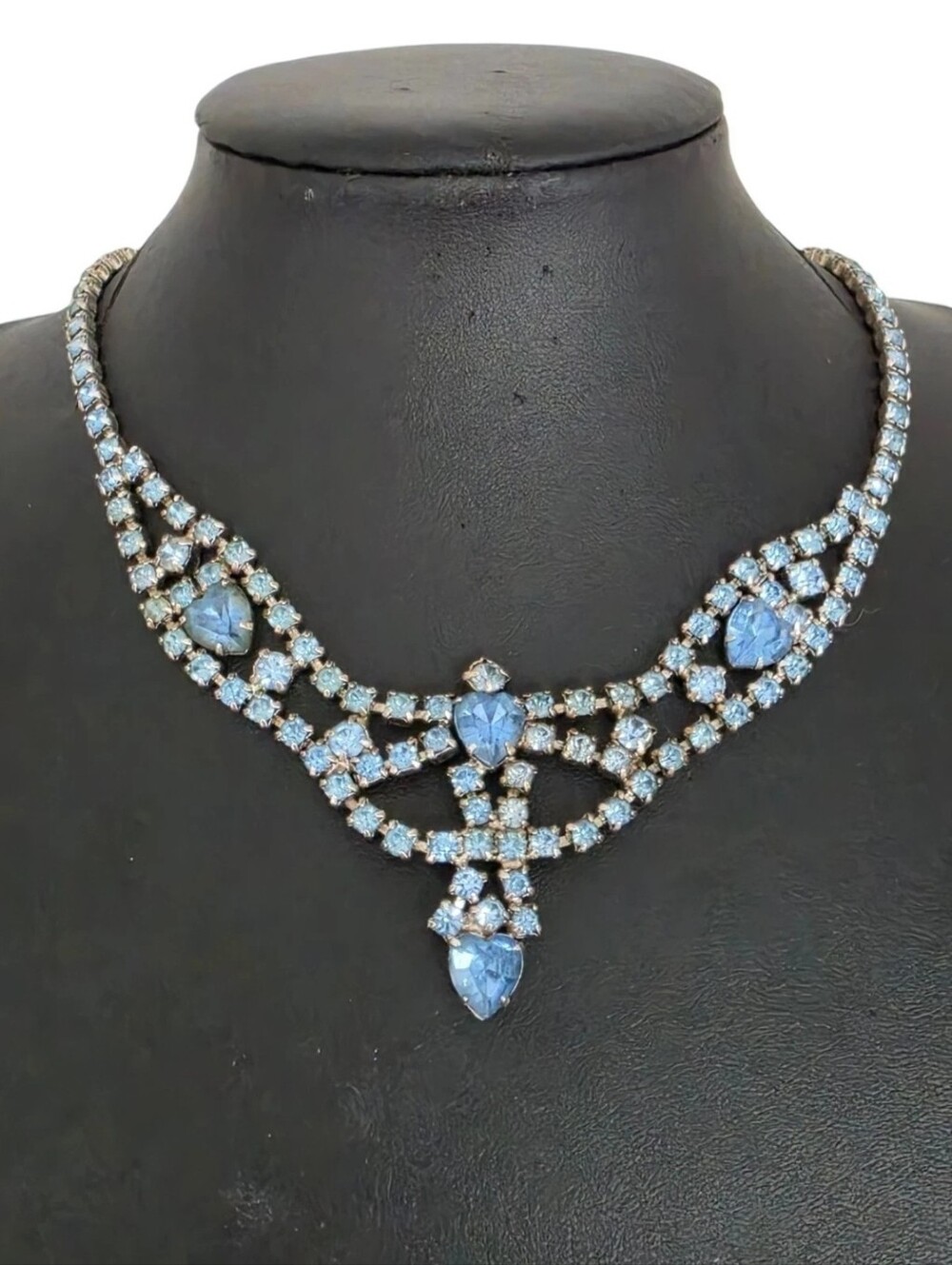 Vintage Mid Century Blue Rhinestone Crystal Bib Collar Necklace Heart Drop 16"
